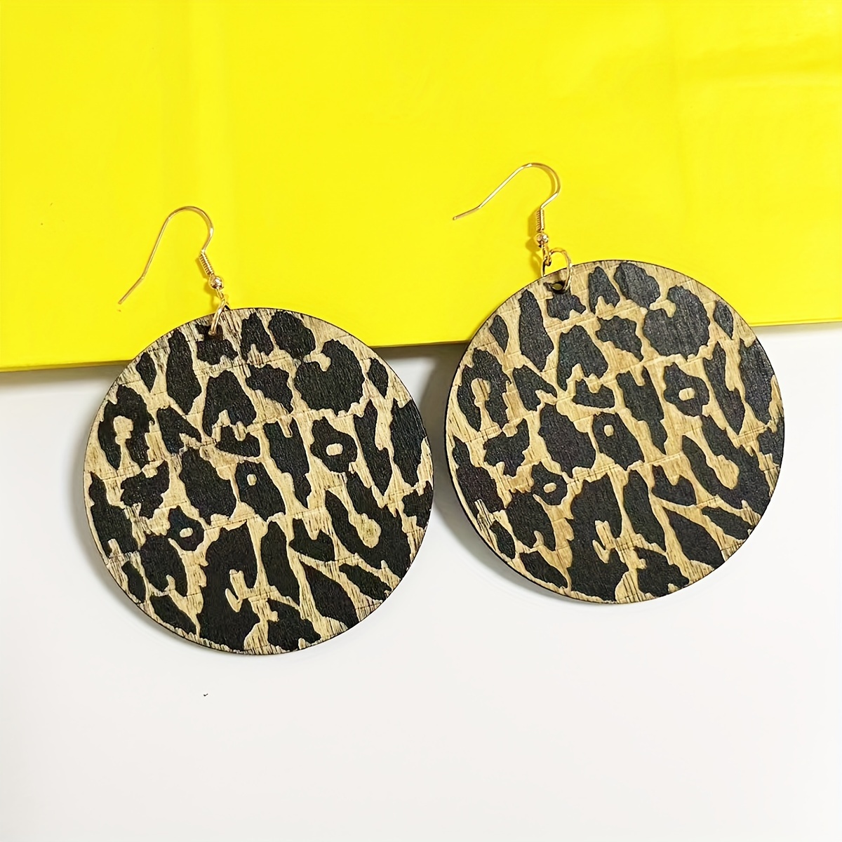 Leopard Print Wooden Dangle Earrings Vintage Style Hooks